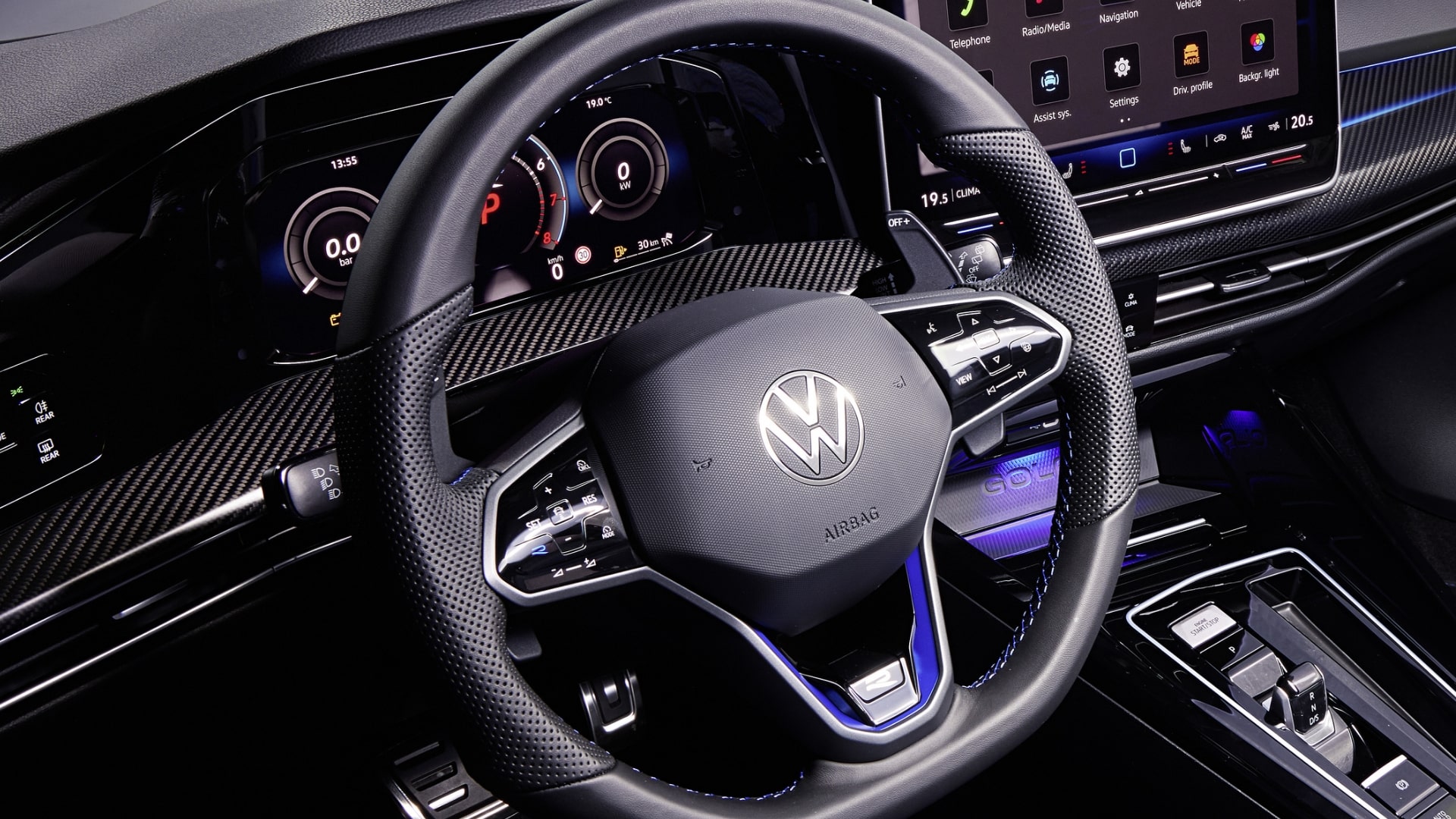 Volkswagen Golf R multifunction steering wheel and touch controls.