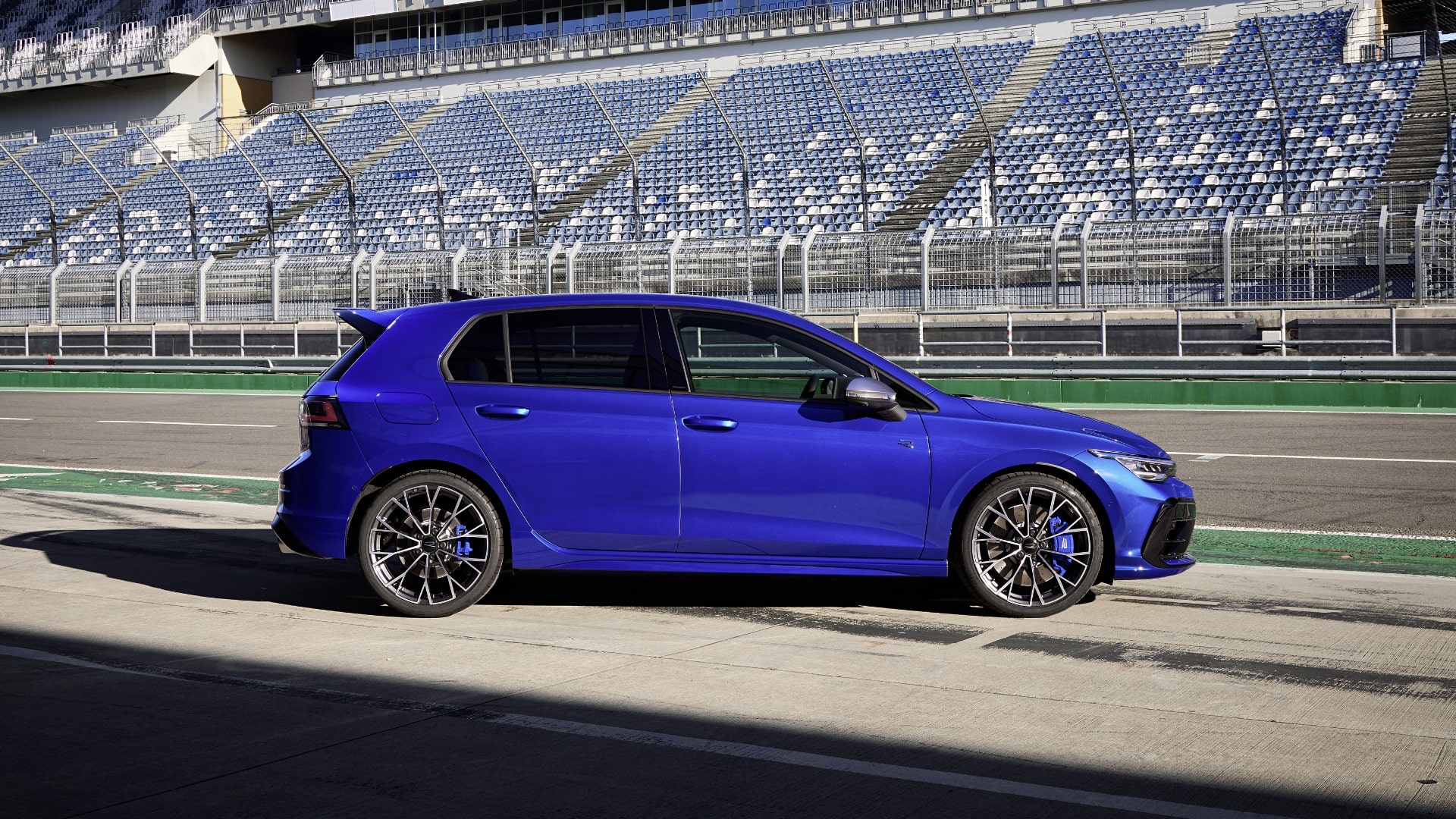 Blue Volkswagen Golf R with 7-speed DSG transmission.