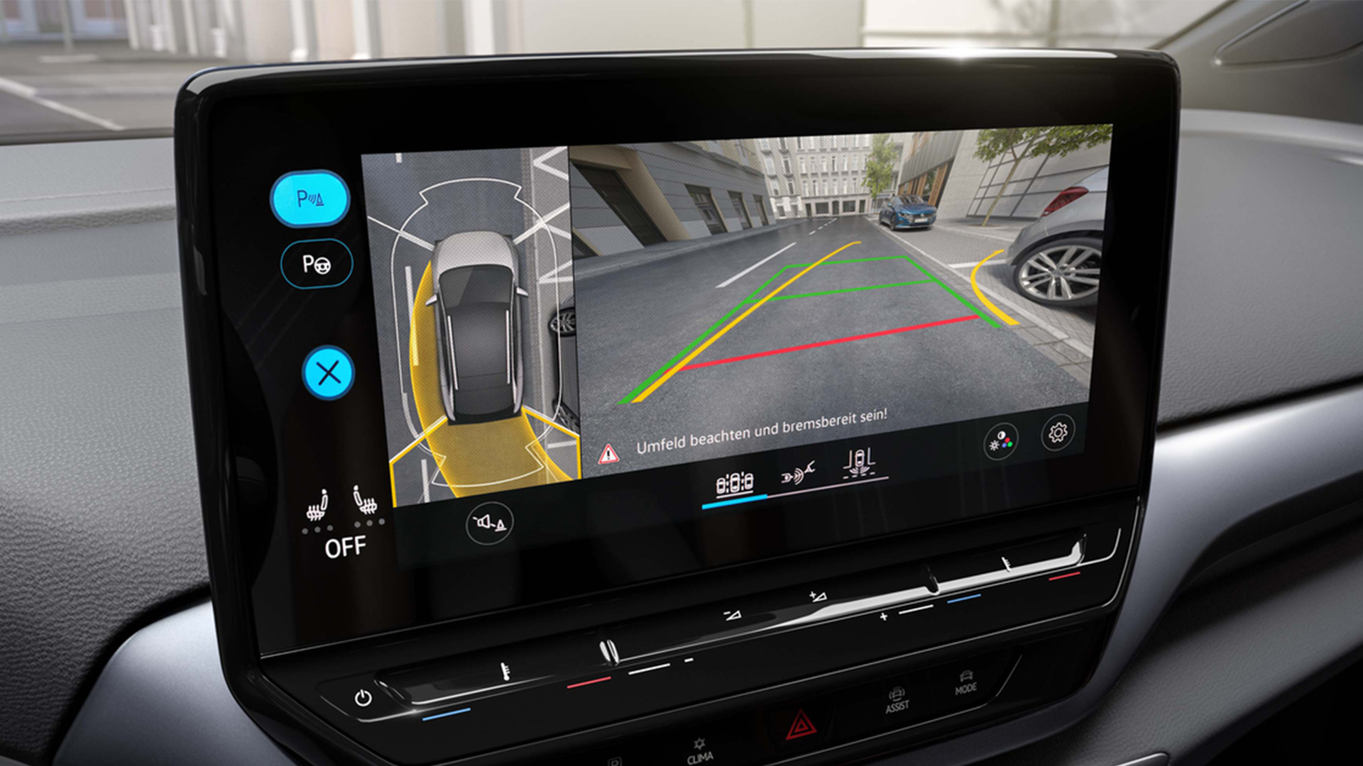 A VW car's infotainment screen showing the Area View 360° camera system, providing a bird's-eye view for parking assistance.