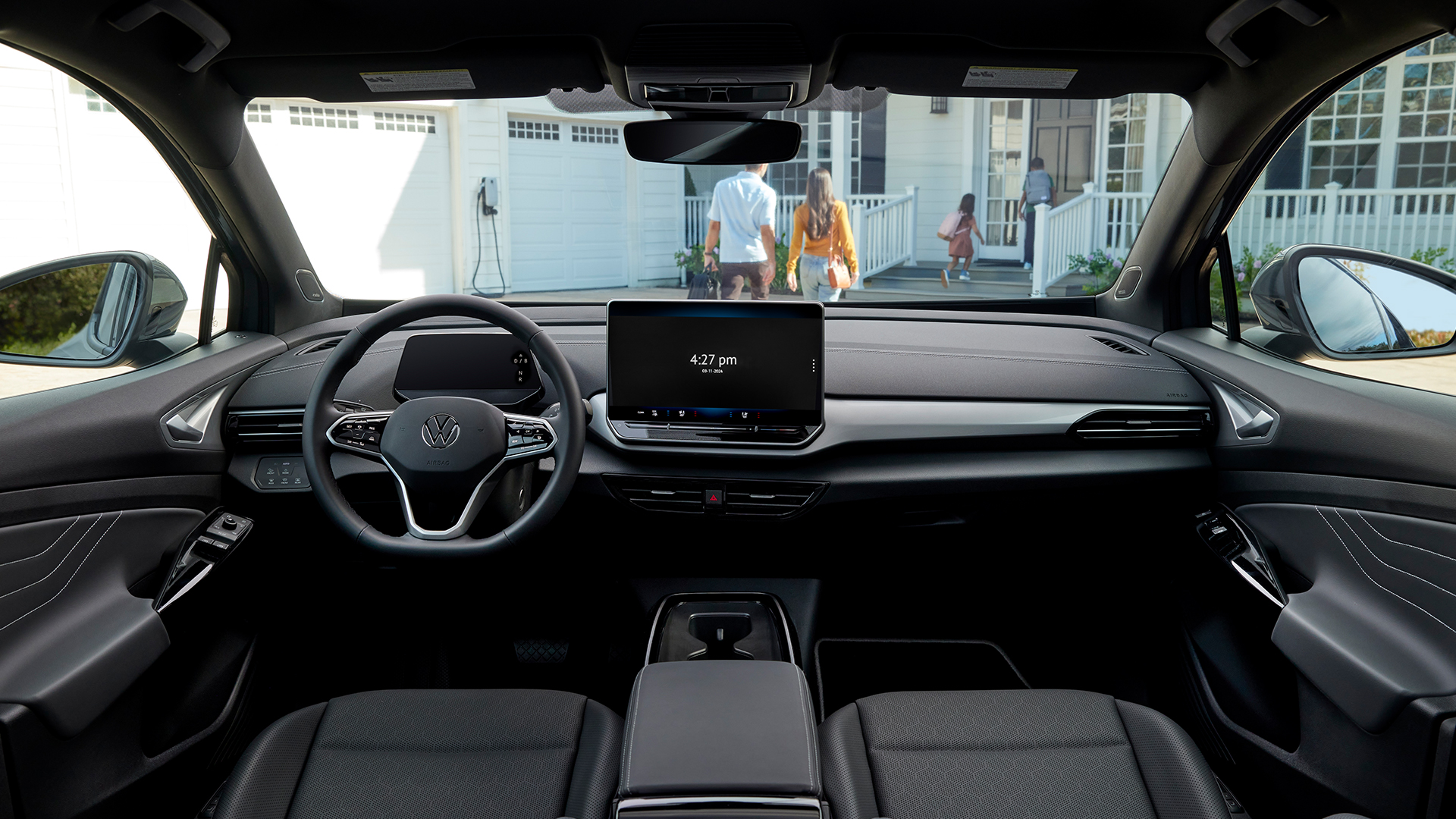 Interior view of a Volkswagen ID.4 showing the dashboard and touchscreen
