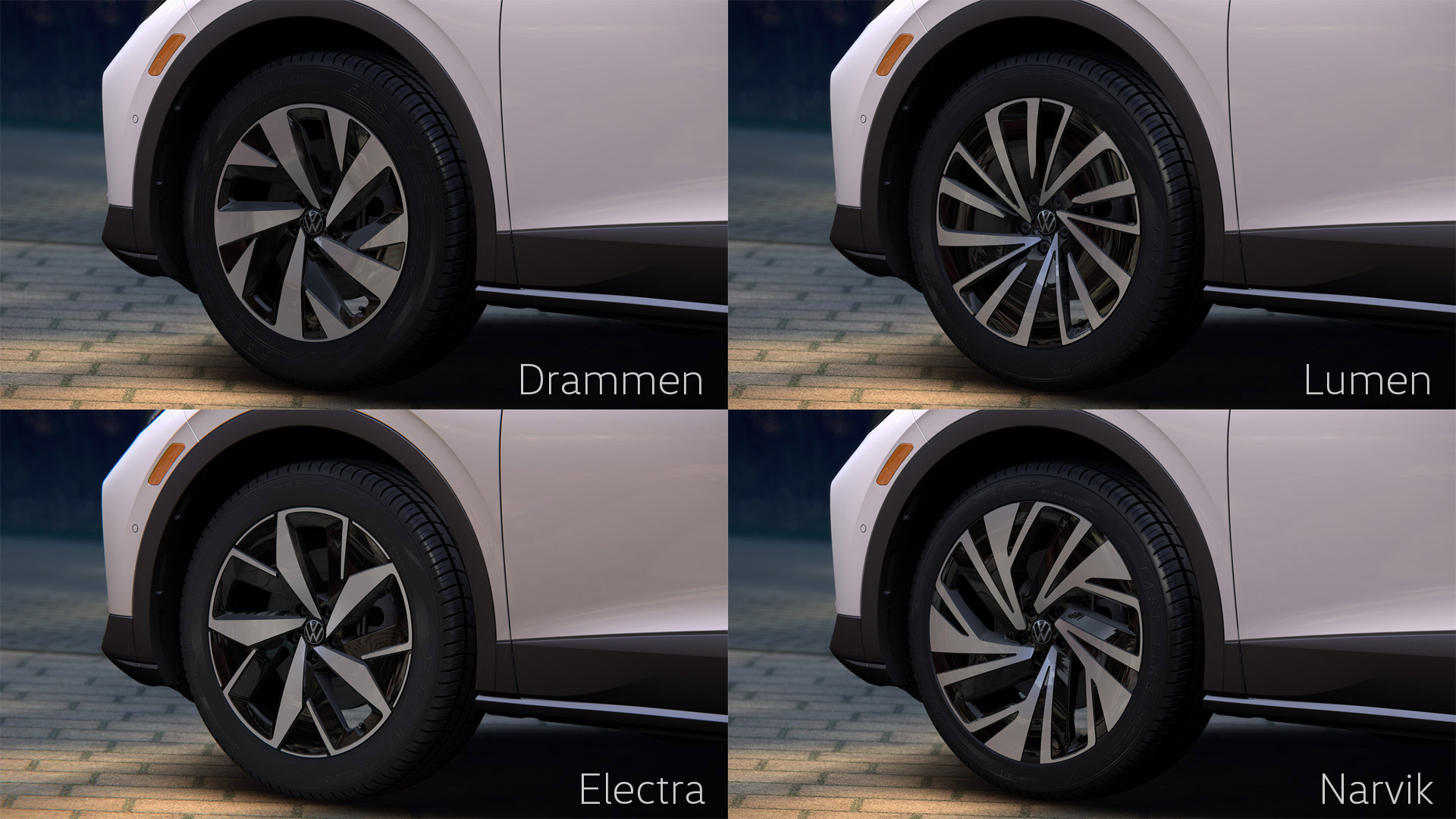 A close up photo of the 19” Drammen, Electra 20”, and Narvik 21” available for the 2024 Volkswagen ID.4